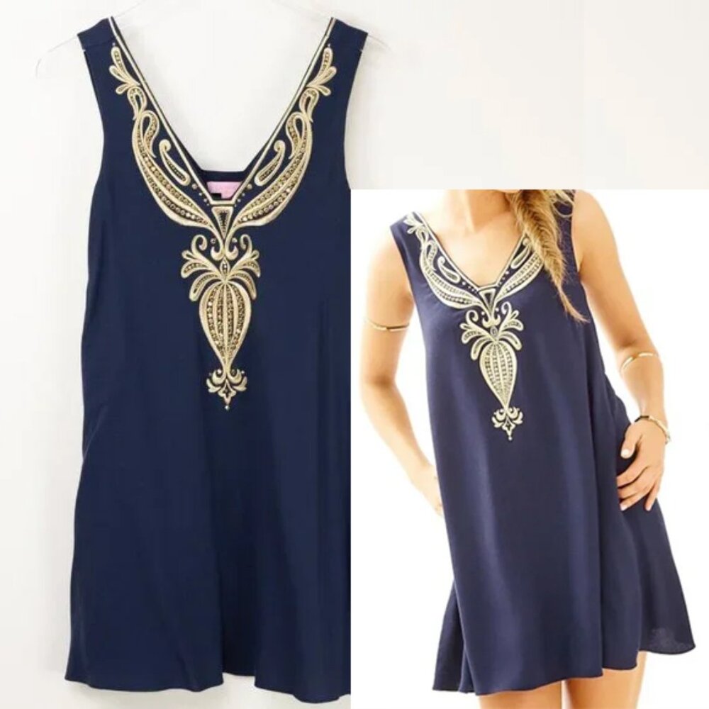 Lilly Pulitzer Owen Dress Trapeze Mini Beaded Rayon True Navy Blue Gold Size XXS